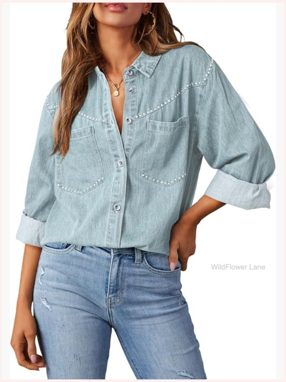 Western Denim Button Down Shirt Long Sleeve Cotton Jean Shacket Top